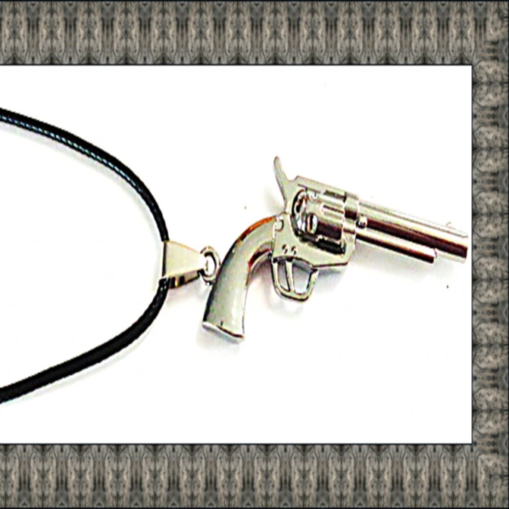 Silver Tone Gun Design Necklace With Black Rope Chain Biker Gothic Punk Rock
